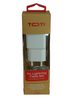 TOTI Dual USB sienas lādētājs Lightning, vads 1 m